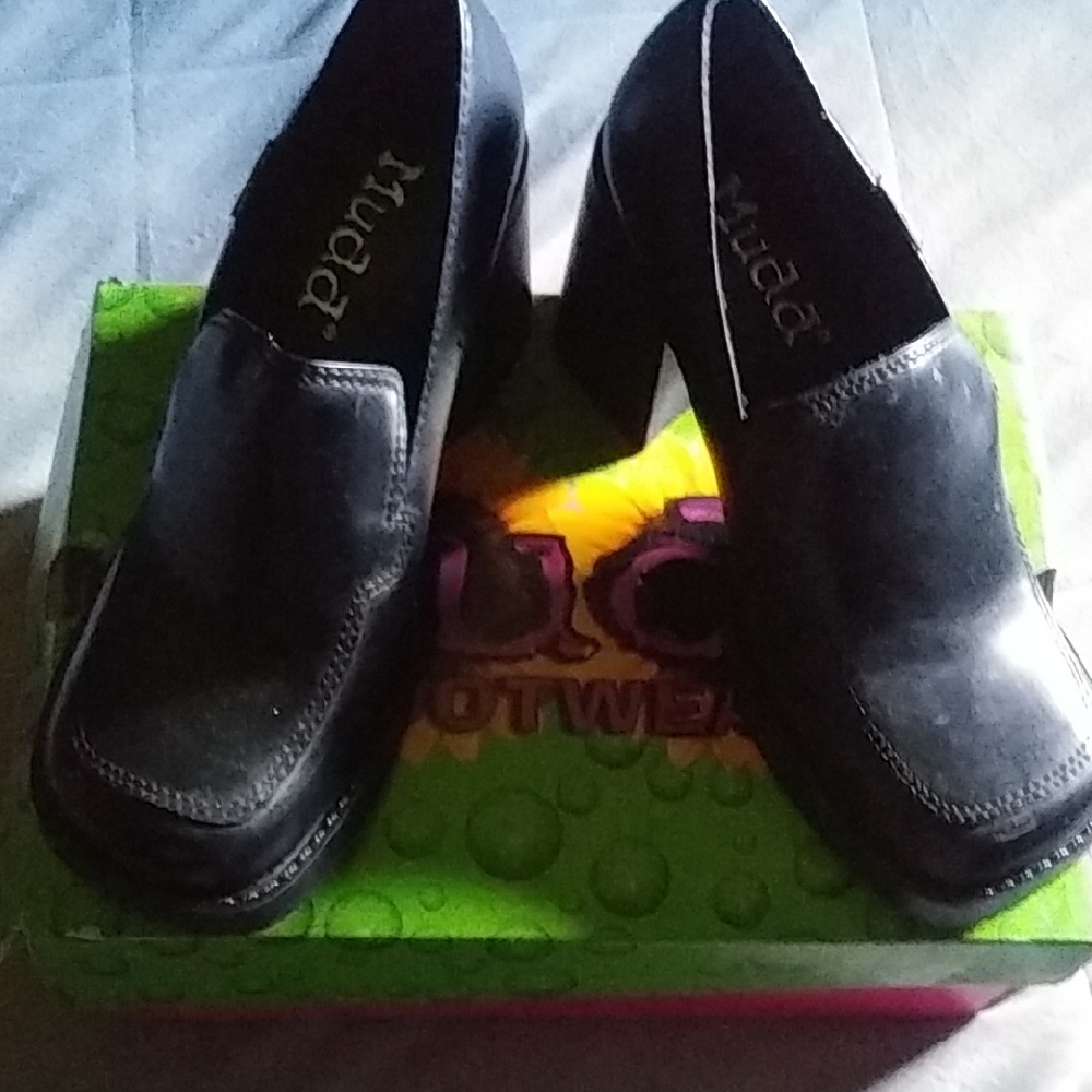 Mudd Fresh Black Chunky Heels Heeled Loafers Clogs Lady Girls Womens Goth Shoes